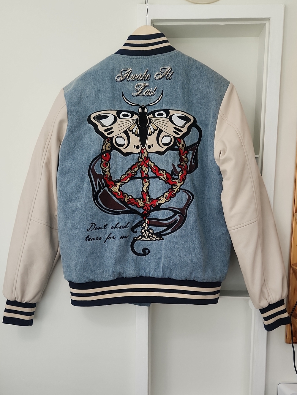 Sugarhill Plague Denim Letterman Varsity Jacket Moth Embroidery Light Wash S
